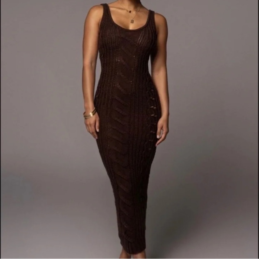 JLUXLABEL Knit Dark Brown Crochet Tank Dress